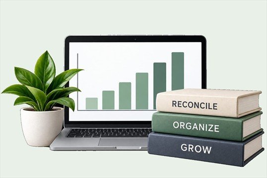 Laptop financial chart and organized books